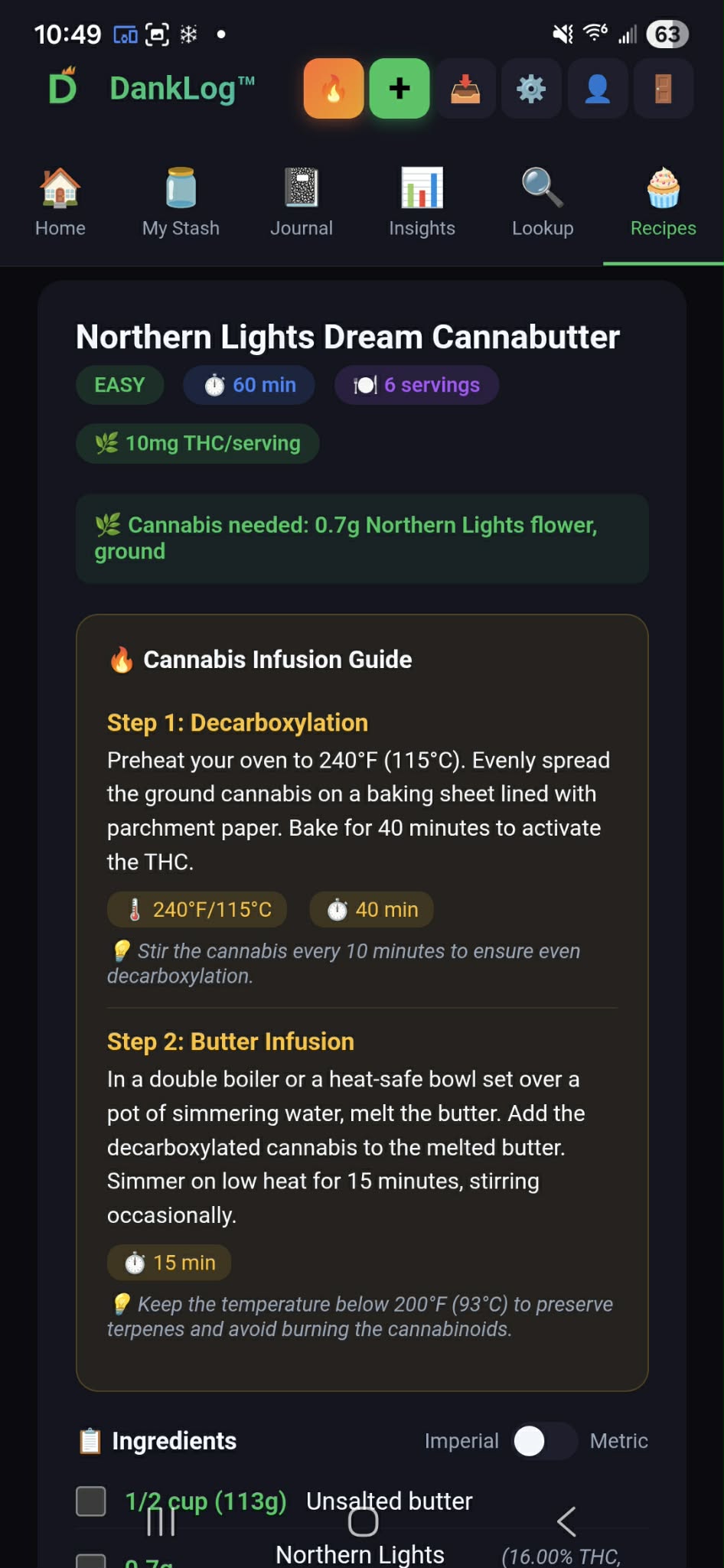 Generated Northern Lights Dream Cannabutter recipe with decarboxylation guide, infusion steps, and ingredients