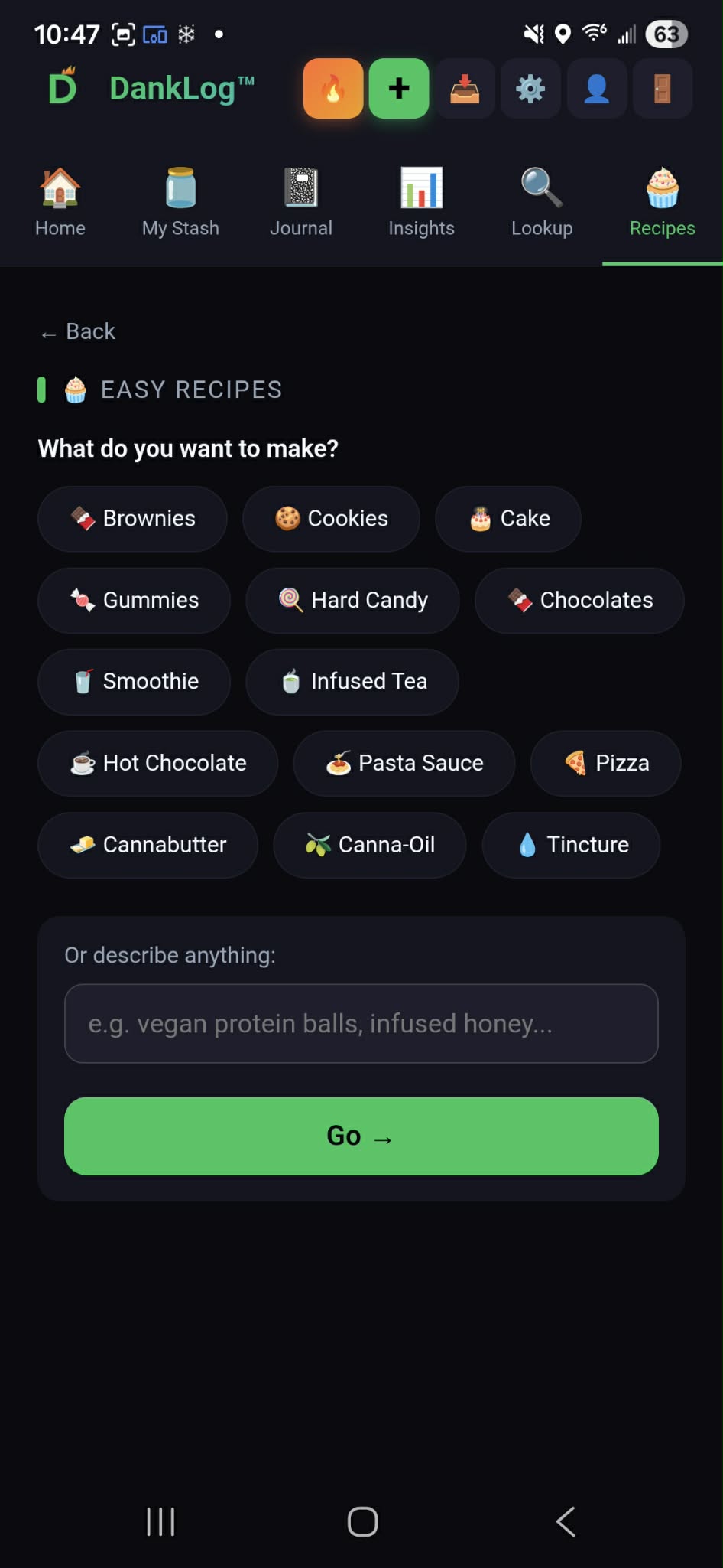Recipe category selection showing brownies, cookies, gummies, cannabutter, pizza and 10 more options