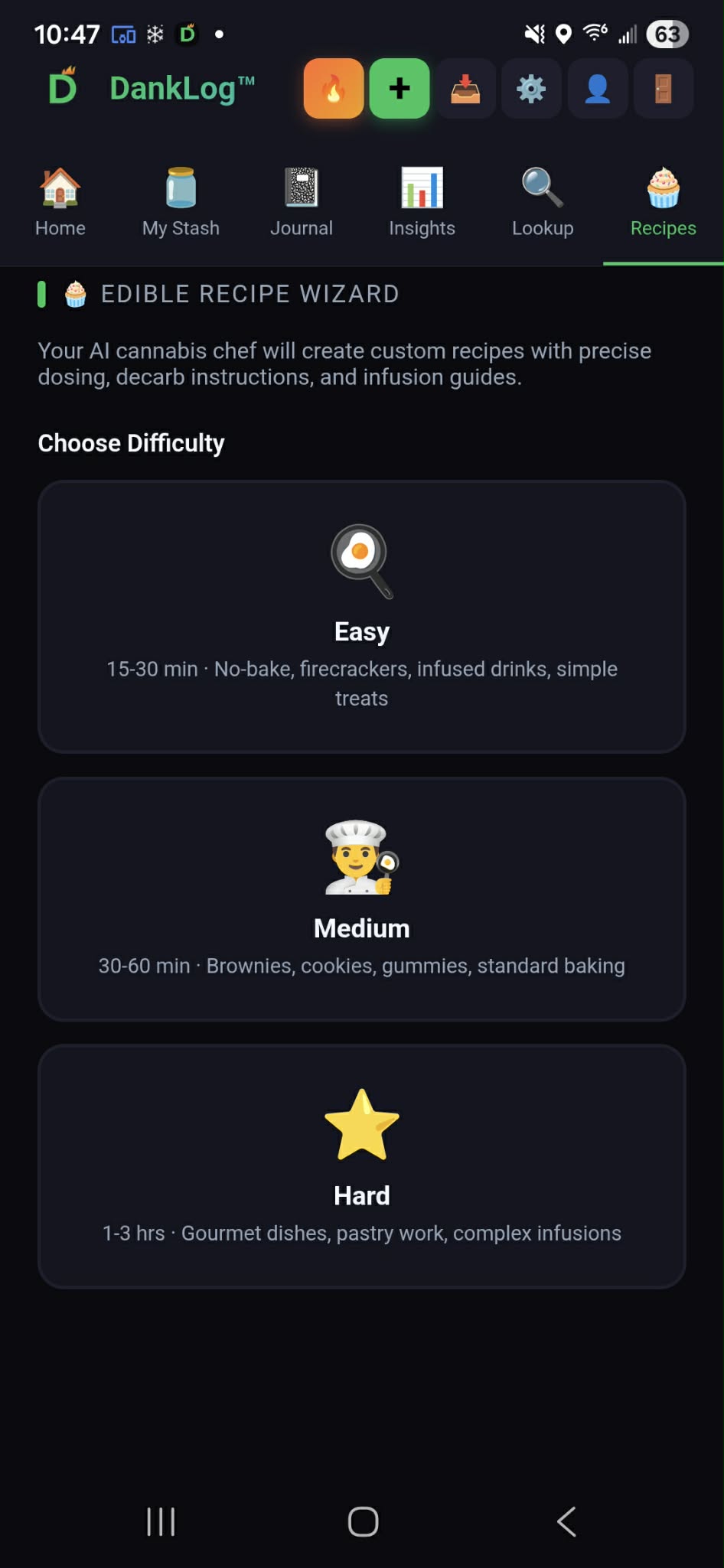 DankLog Recipe Wizard difficulty selection showing Easy, Medium, and Hard tiers
