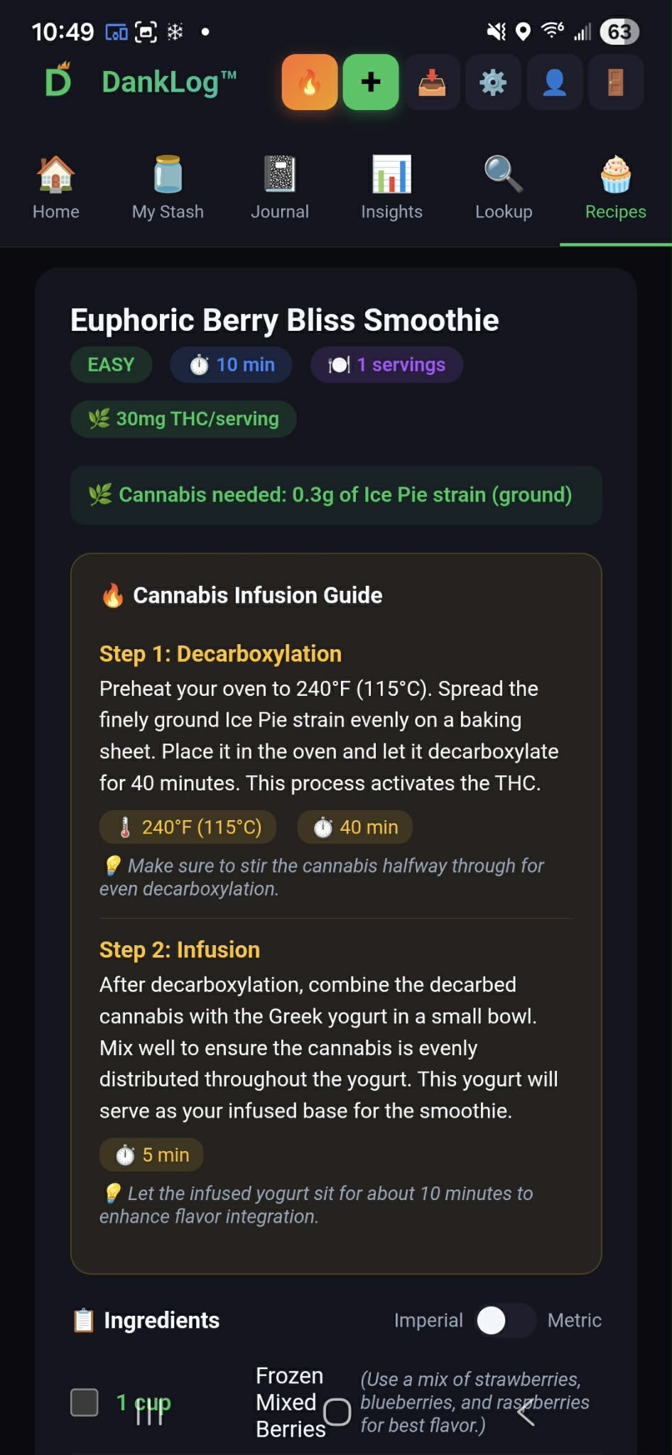 Euphoric Berry Bliss Smoothie recipe with Ice Pie strain, decarb guide and infusion instructions