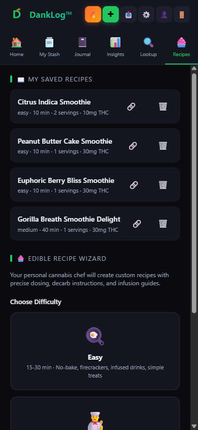 Saved recipes and difficulty picker